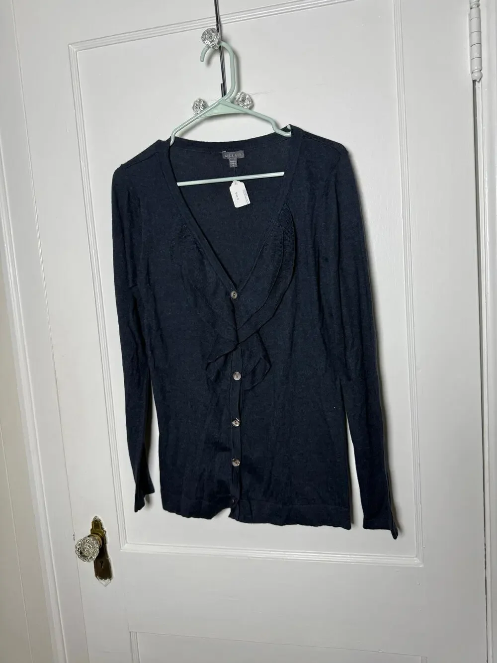 Lilla P Navy Blue Ruffle Cashmere Blend Button Cardigan Sweater Women's SM NEW